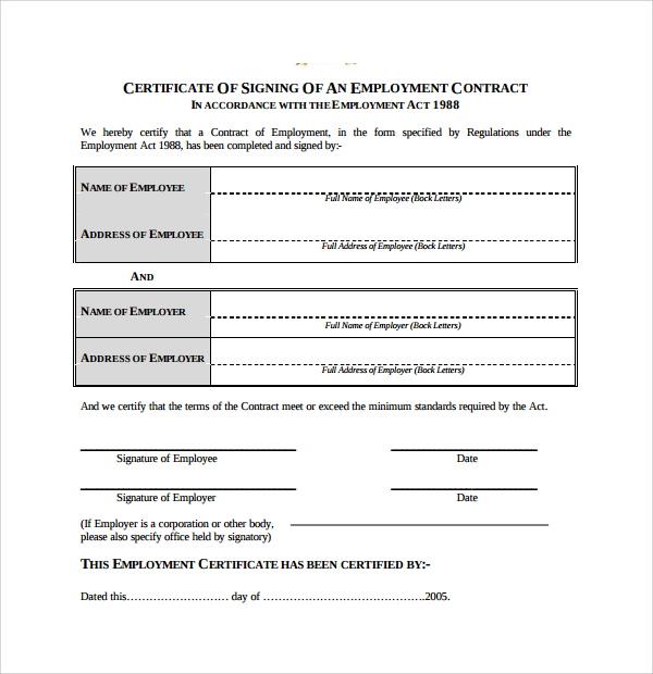 employment certificate template