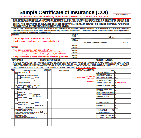 insurance certificate template