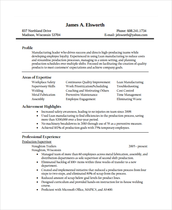 production resume template