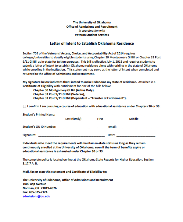 letter of intent educational assistance