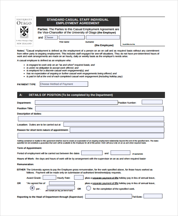 FREE 8+ Sample Casual Employment Agreement Templates in PDF MS Word