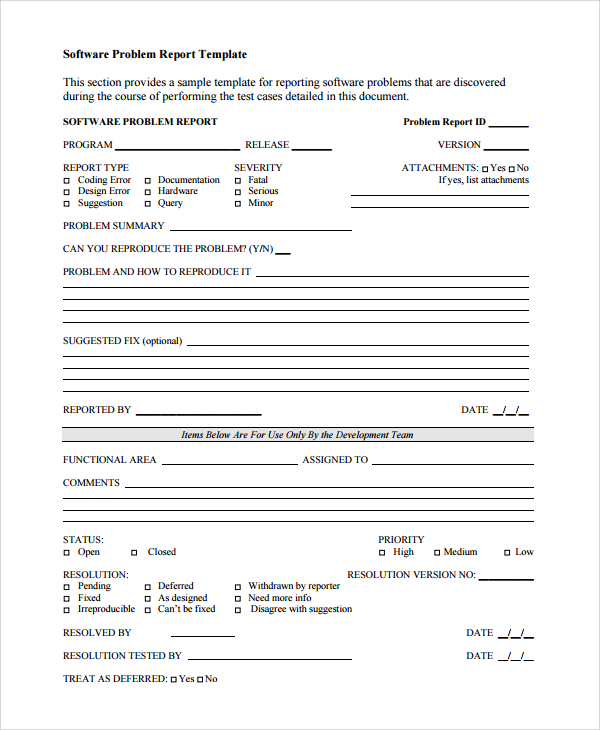 software problem report template