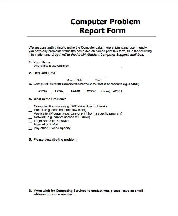 computer problem report template