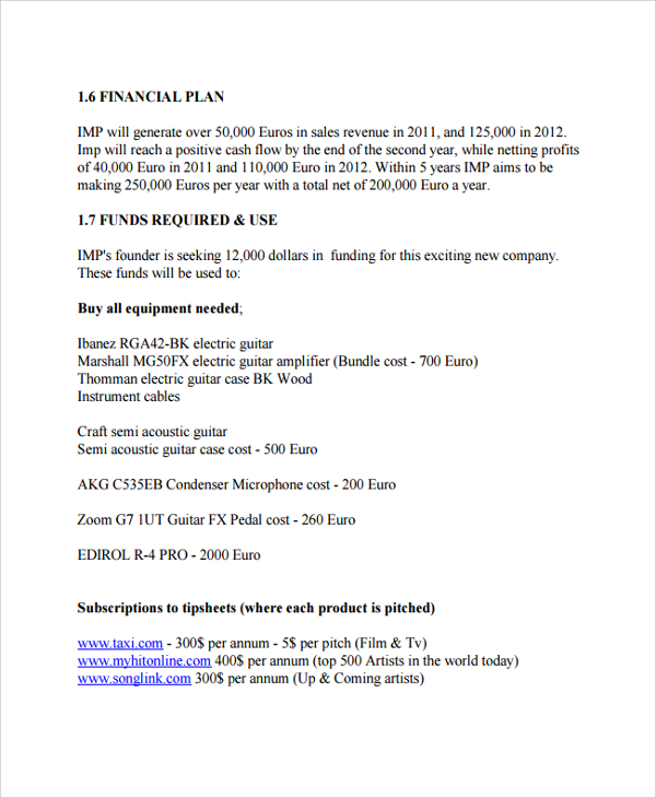 music artist business plan sample