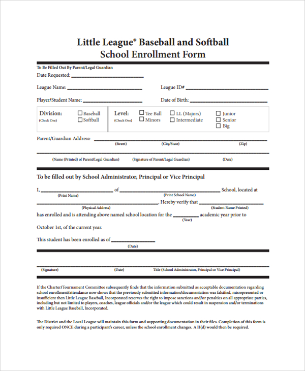 baseball softball school enrollment form