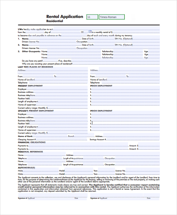 residential rental application form