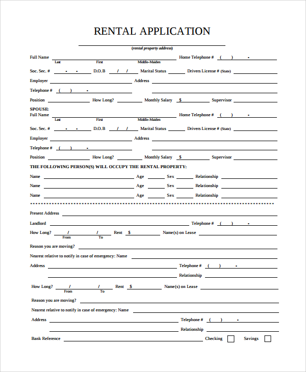 property rental application form