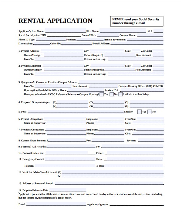 sample rental application form