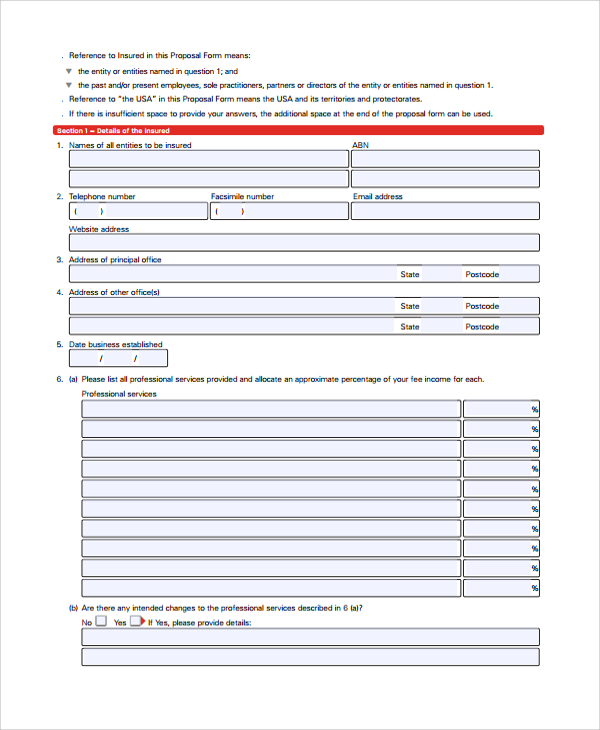 professional indemnity proposal form