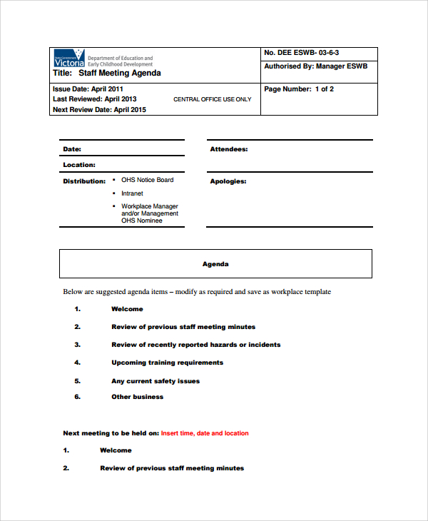 Free 6 Sample Staff Meeting Agenda Templates In Pdf