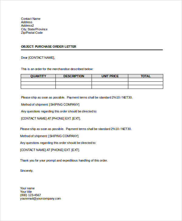 Format Of Purchase Order Letter