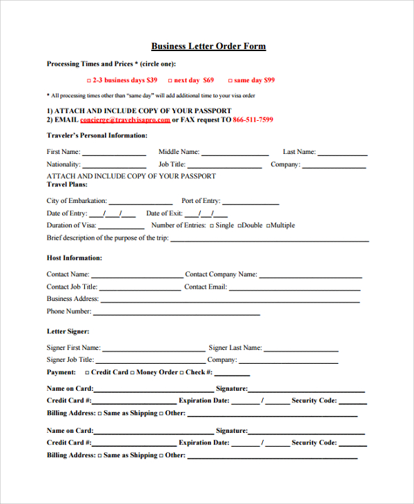 business letter order form