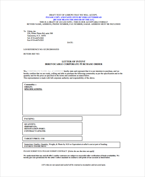 letter of intent purchase order