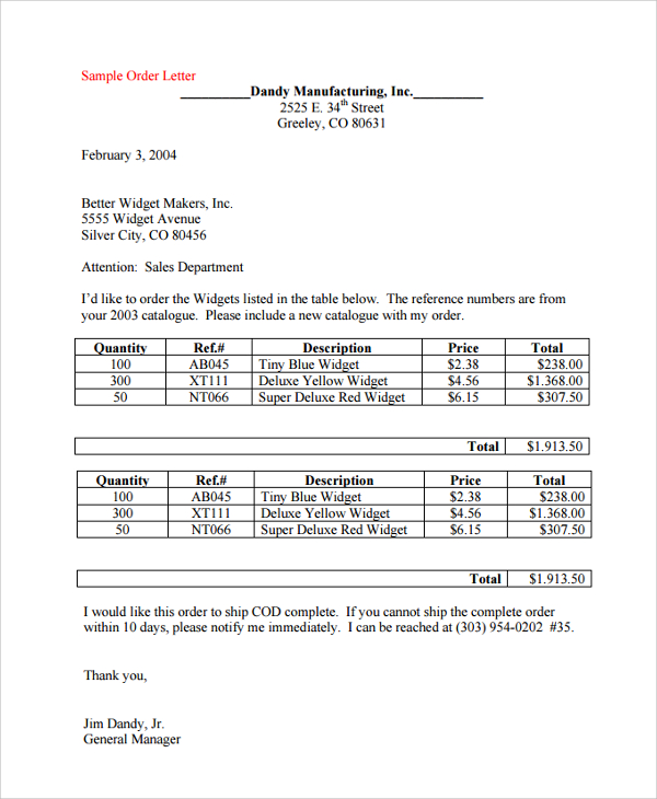 Order Letter