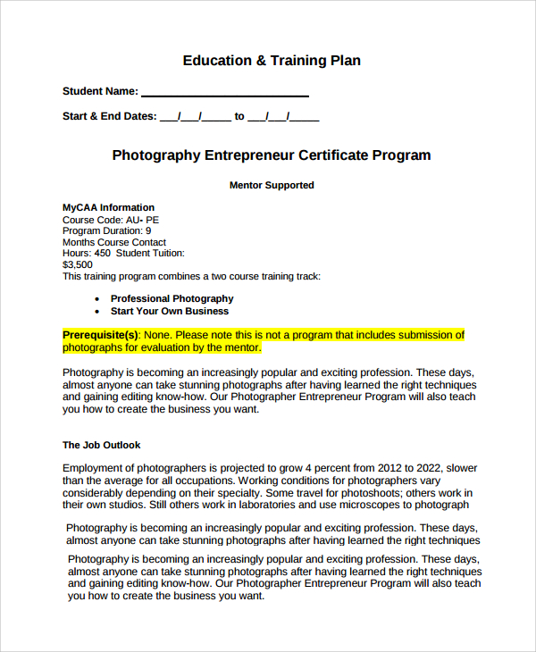 photography business plan pdf download