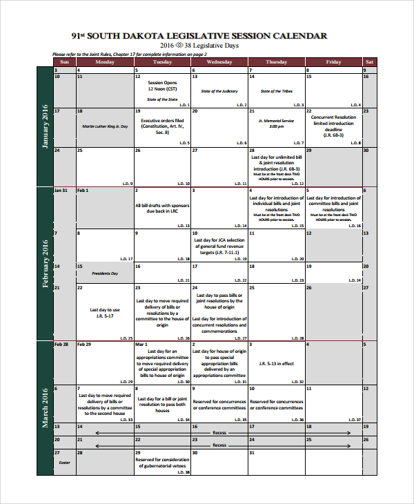 bill session calendar template