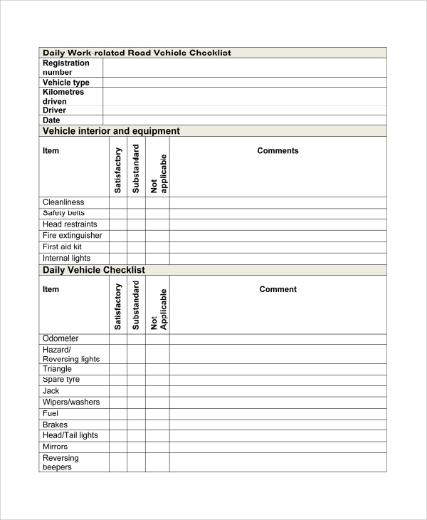 vehicle daily checklist template