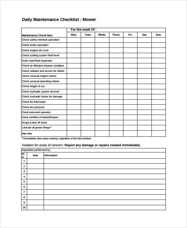 daily maintenance checklist