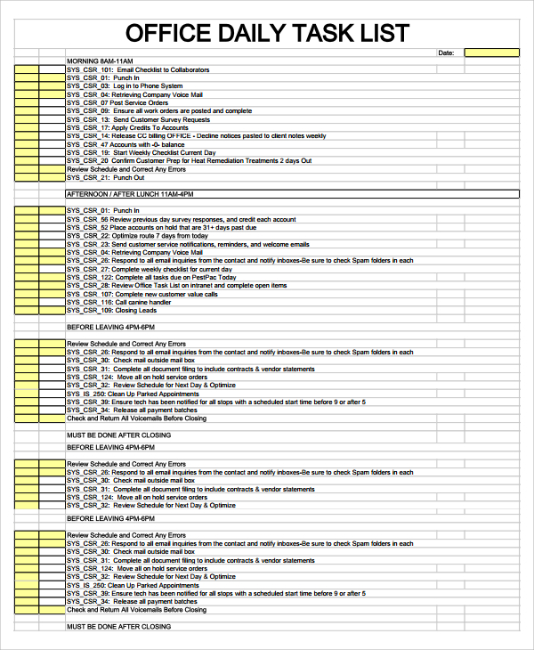 FREE 16+ Sample Daily Checklists in Excel MS Word PDF Google Docs