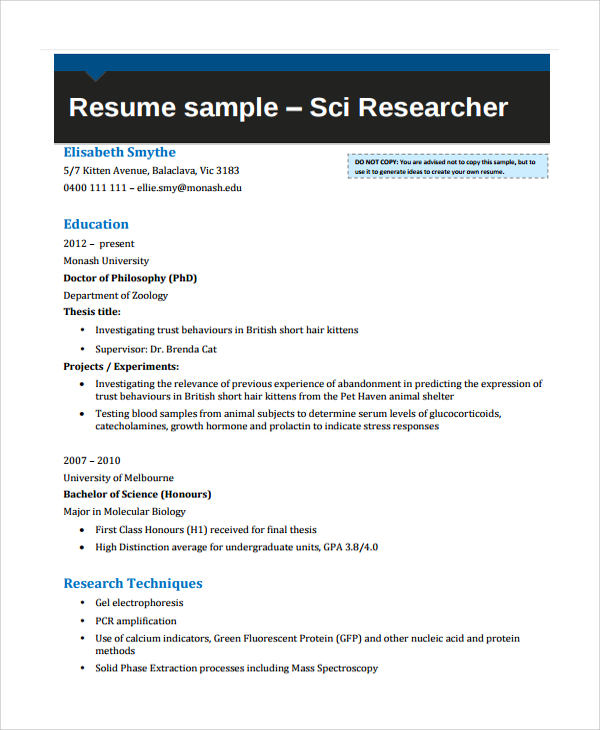 sample researcher resume