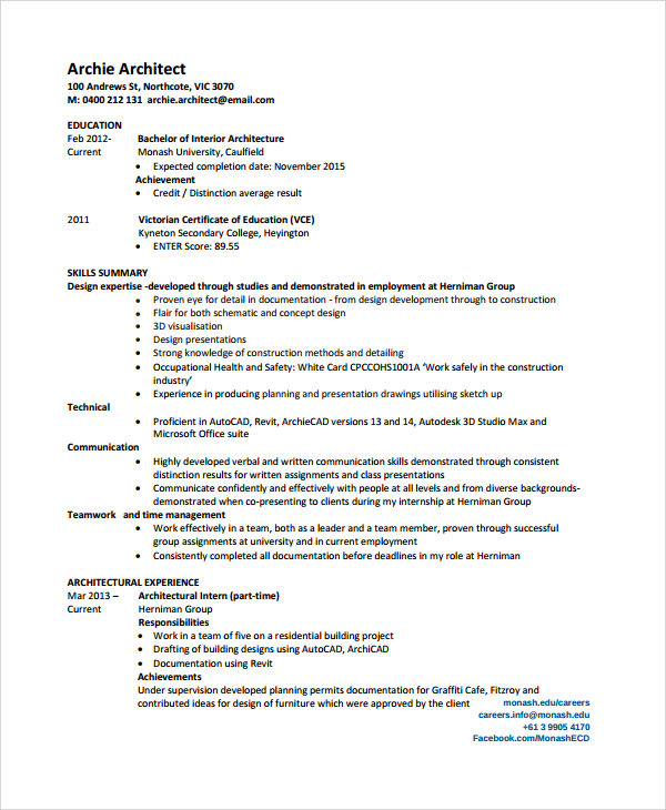 sample architect resume