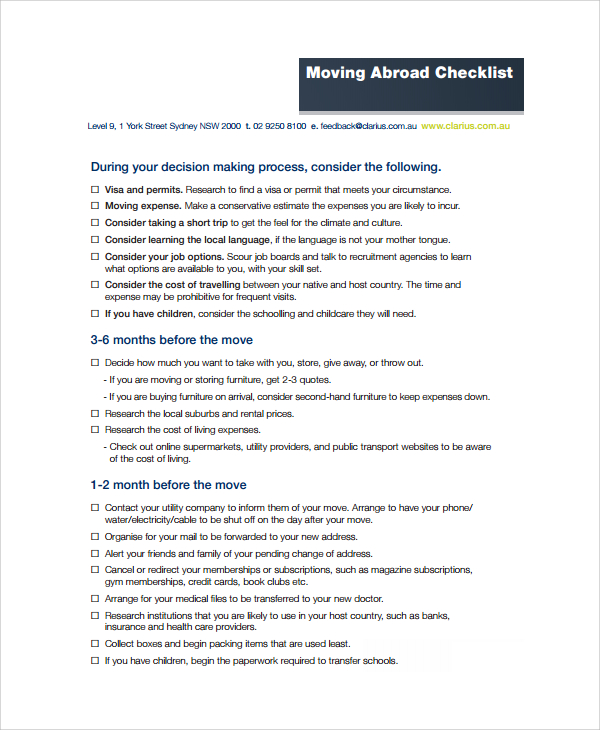 moving abroad checklist template