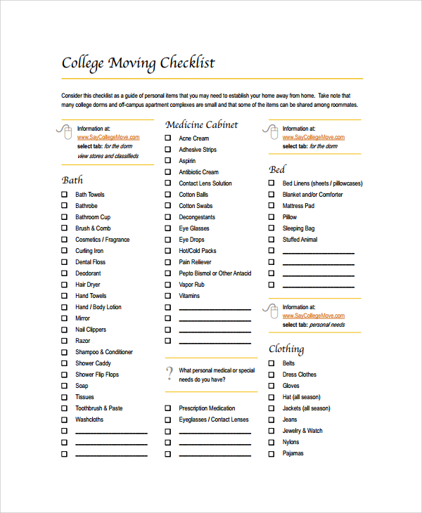 college moving checklist