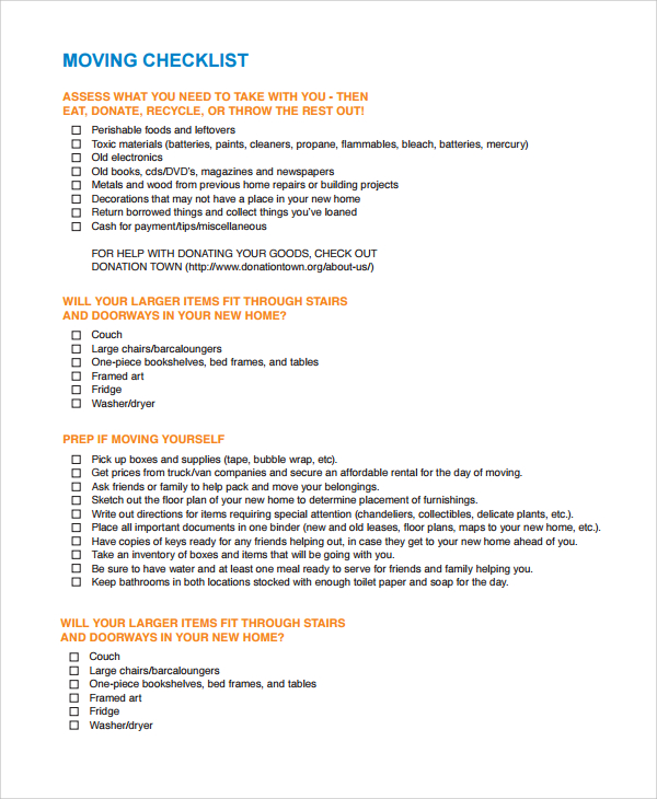 FREE 8 Sample Moving Checklists In MS Word PDF