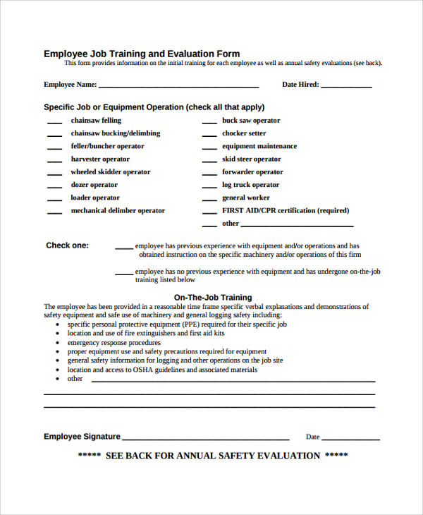 hr employee job training evaluation form