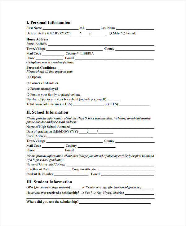 for application sample scholarship form Sample  Documents Scholarship Form  Application PDF in 7