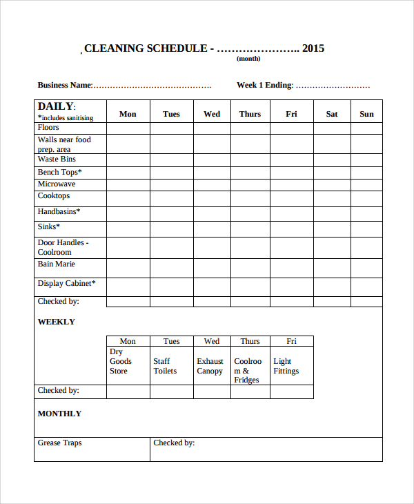 cleaning schedule checklist 