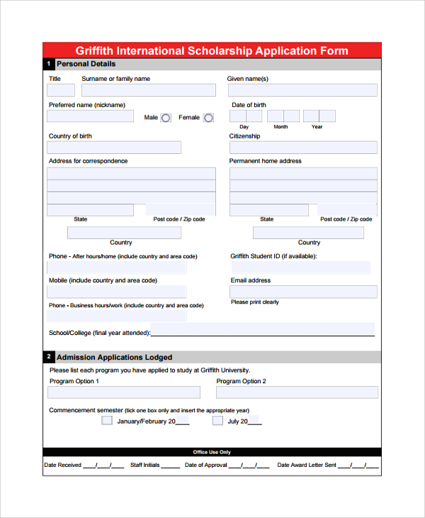 FREE 7+ Sample Scholarship Application Forms in PDF | MS Word