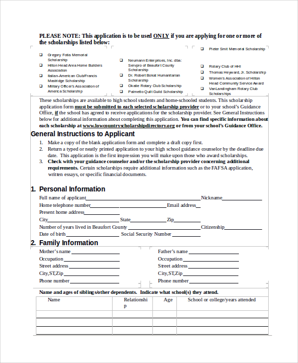common application form for selected scholarship