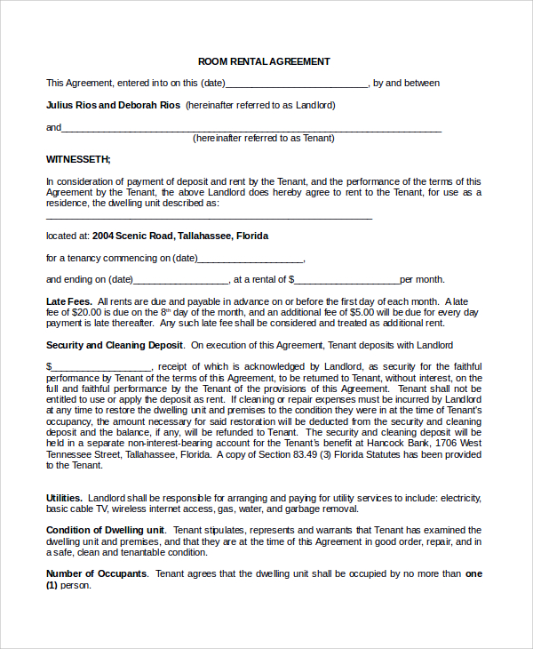 Sample Room Rental Agreement 8 Documents In Word Pdf