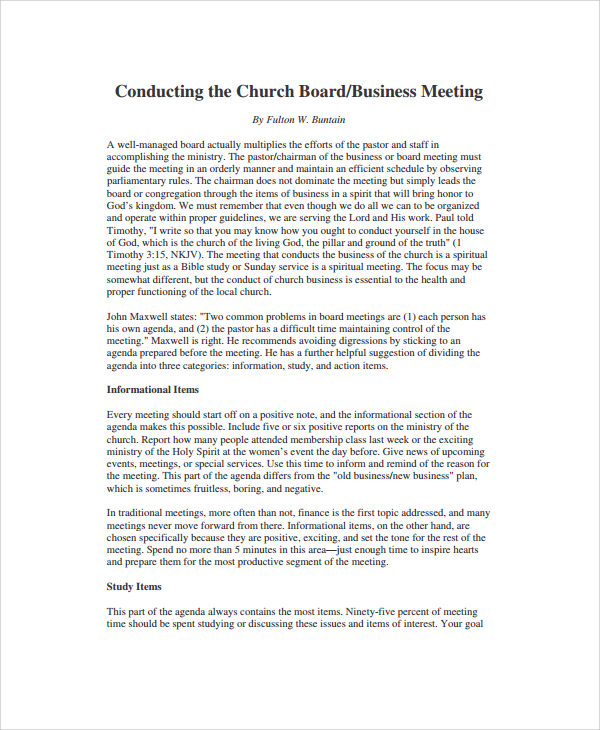church board meeting agenda 