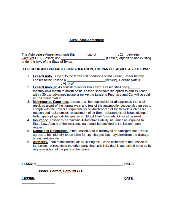 blank auto lease agreement 