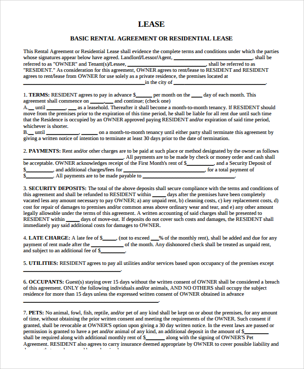 FREE 7+ Sample Blank Lease Agreement Templates in PDF MS Word