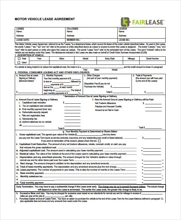 blank motor vehicle lease agreement 