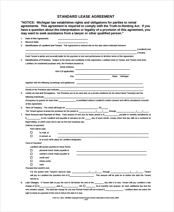 standard blank lease agreement 