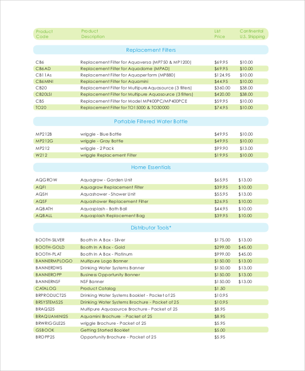 product price list