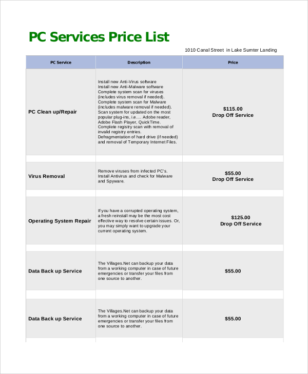service price list