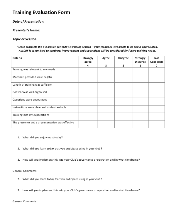 training evaluation form