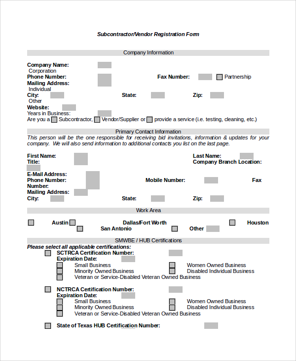 subcontractor vendor registration form