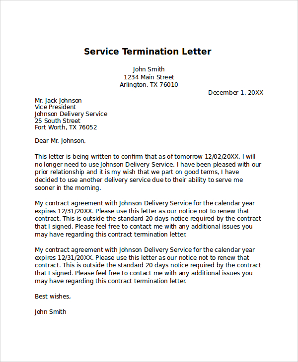Termination Of Services Letter Template