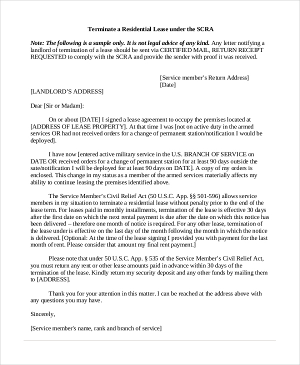 termination letter to landlord