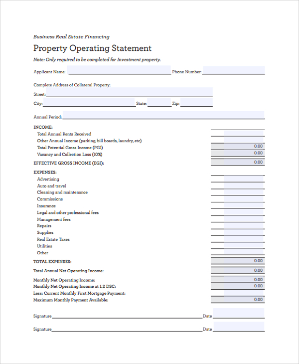 operating statement template