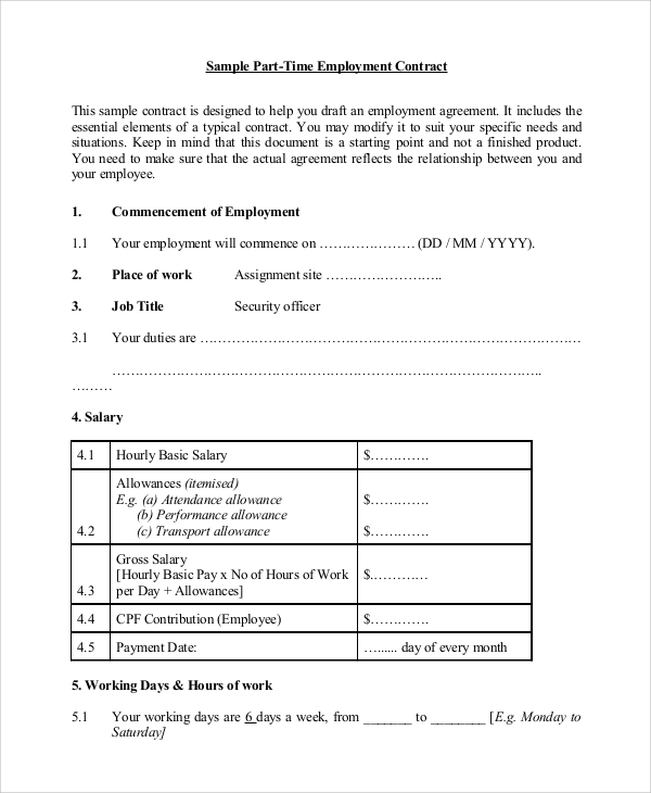 part time employment agreement 