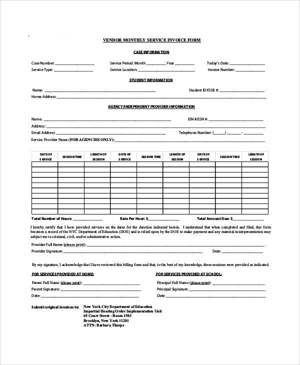 vendor monthly service invoice form