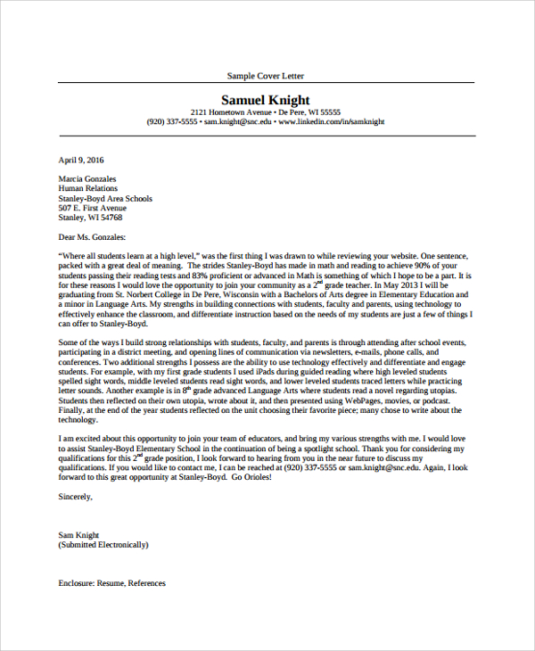 sample cover letter for montessori teachers