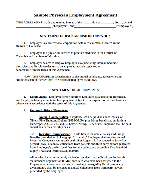 physician employment contract agreement